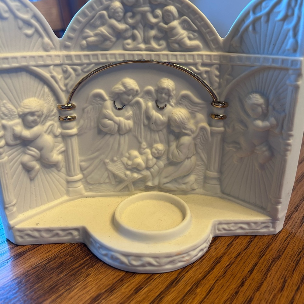 White Ceramic Nativity Scene Candle Holder